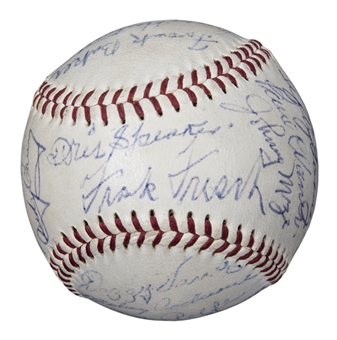 1955 Baseball Hall of Famers & Stars Multi Signed OAL Harridge Baseball With 23 Signatures Including DiMaggio, Foxx, Speaker & Young (PSA/DNA)